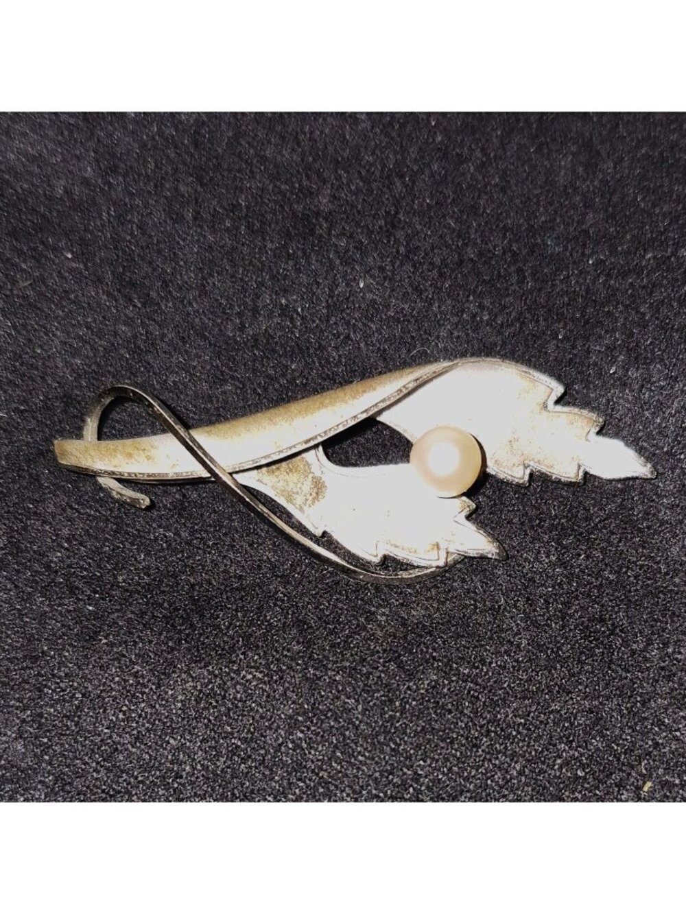 dce Sterling Silver Leaf Brooch Faux Pearl Vintage Estate Jewelry